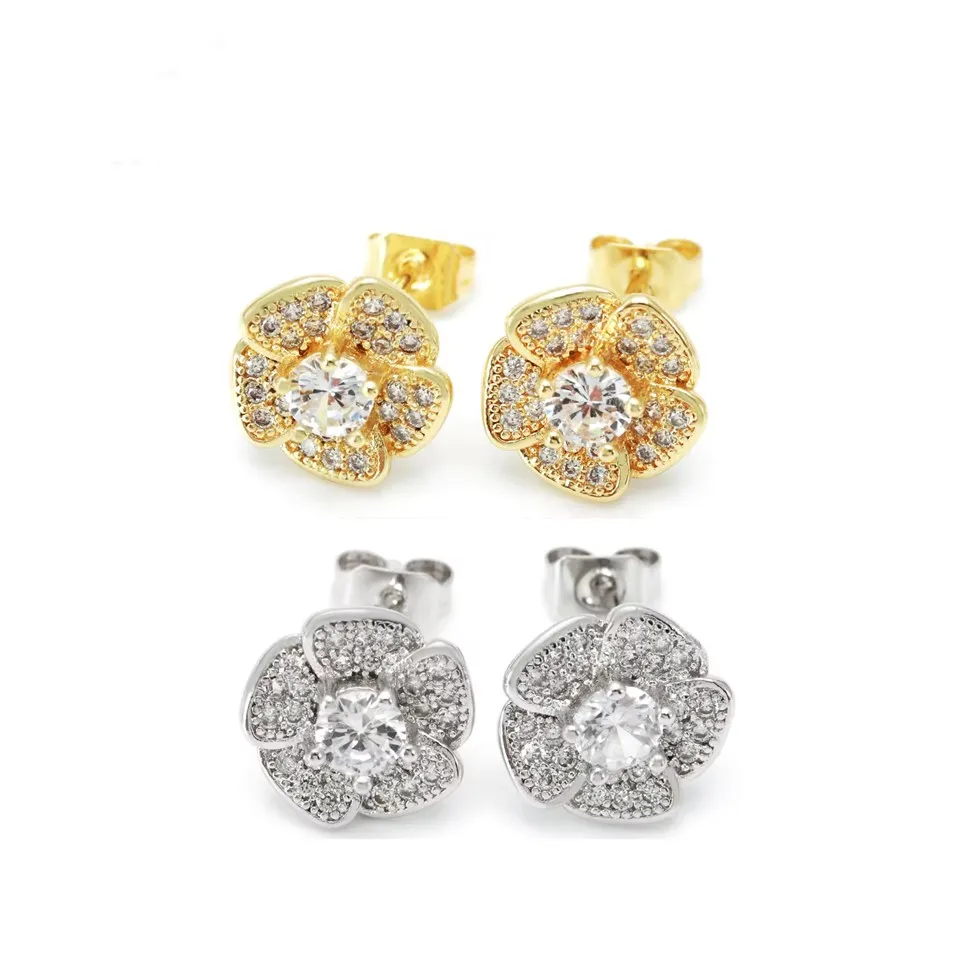 Bông tai hoa mạ vàng và Rhodium cổ điển